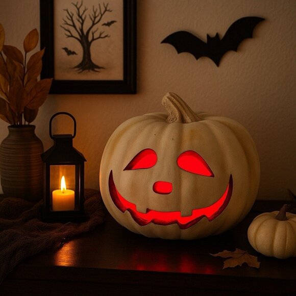 Vintage Light Up Plug In Jack O Lantern Pumpkin Cream Foam Ghost Halloween Decor - Picture 13 of 13